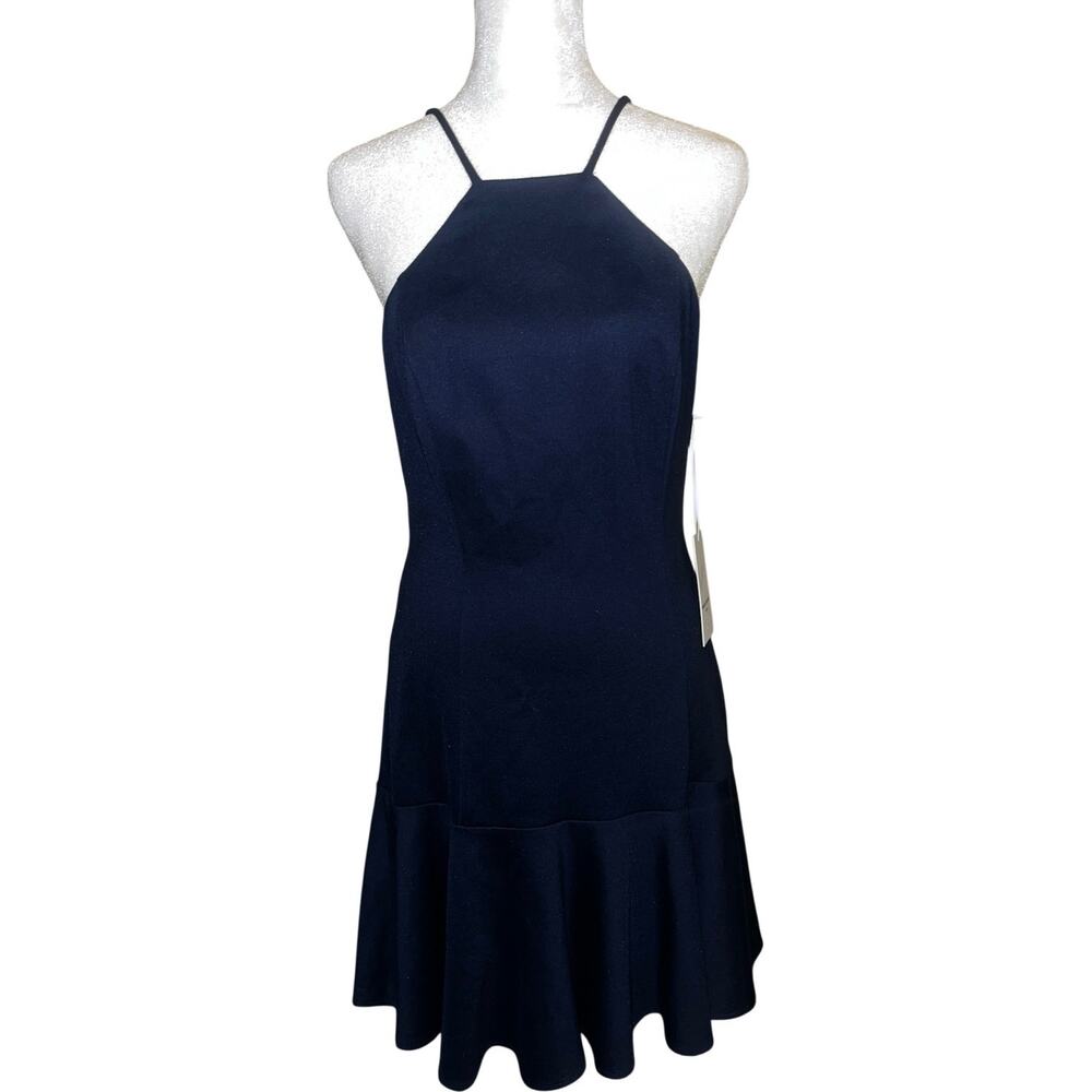 NWT AMANDA UPRICHARD Navy Stretch Midi Dress Flounce Hem Spaghetti Strap Size M